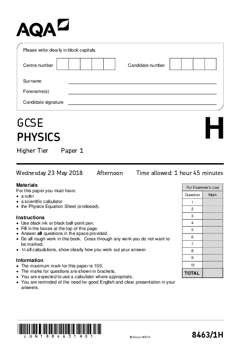 Physics 8463/1H June 2018