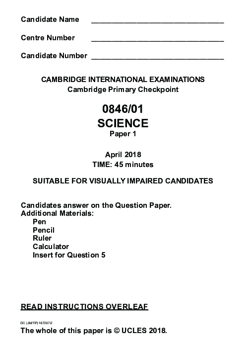 SCIENCE 0846,01 April 2018 | Cambridge Primary Checkpoint Past Papers with Mark Schemes