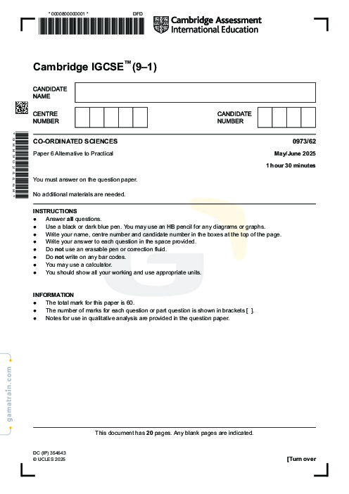 Sciences - Co-ordinated 0973/62 May June 2025