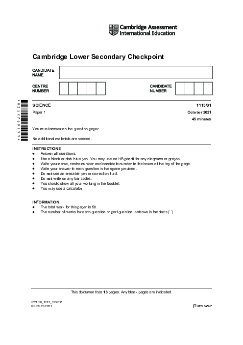 SCIENCE 1113,01 October 2021 | Cambridge Lower secondary Checkpoint Past Papers with Mark Schemes