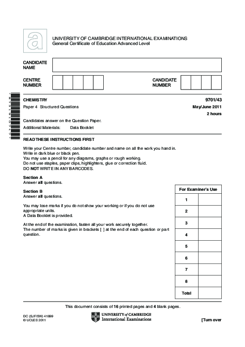 Chemistry 9701/51 May June 2011 | Cambridge AS Level Past Papers With Mark Scheme