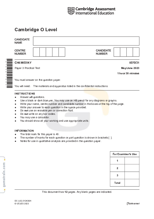 Chemistry 5070/31 May June 2023