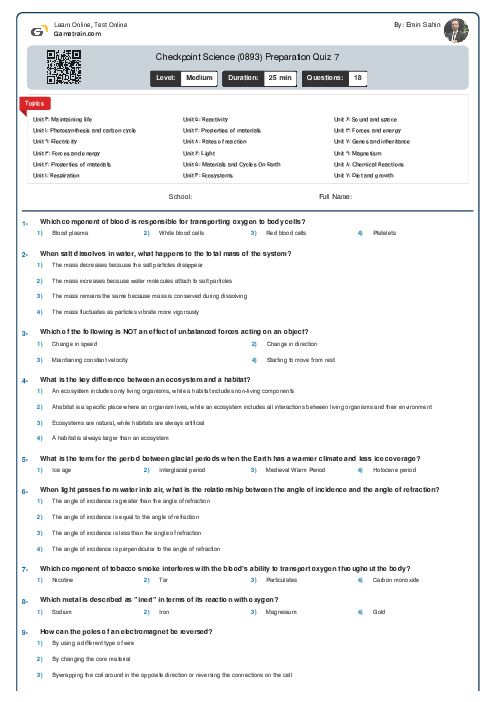 Checkpoint Science (0893) Preparation Quiz 7
