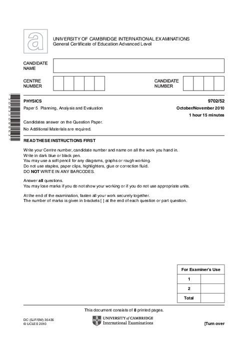 Paper 5, Variant 1, Oct Nov 2010 | Cambridge AS - A Level Physics (9702) Past Papers