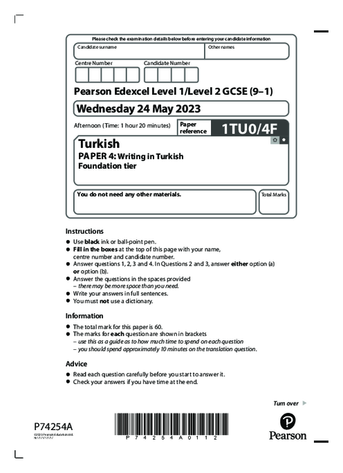   Turkish  1TU0/4F June  2023 | Edexcel  GCSE Past Papers With Mark Scheme