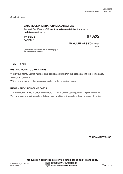 Paper 2, May June 2002 | Cambridge AS - A Level Physics (9702) Past Papers