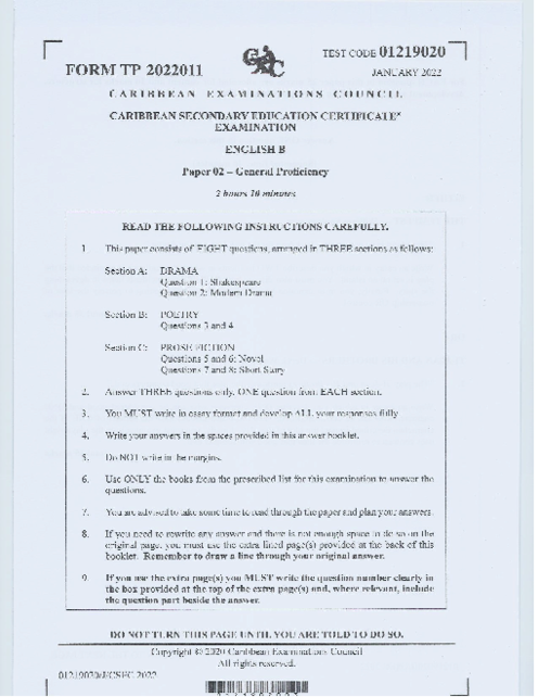 English B January 2022 Paper 2