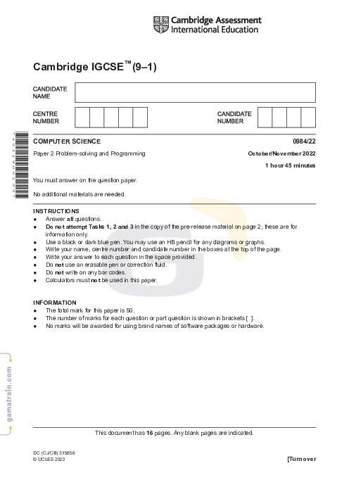 Computer Science 0984/22 Oct Nov 2022