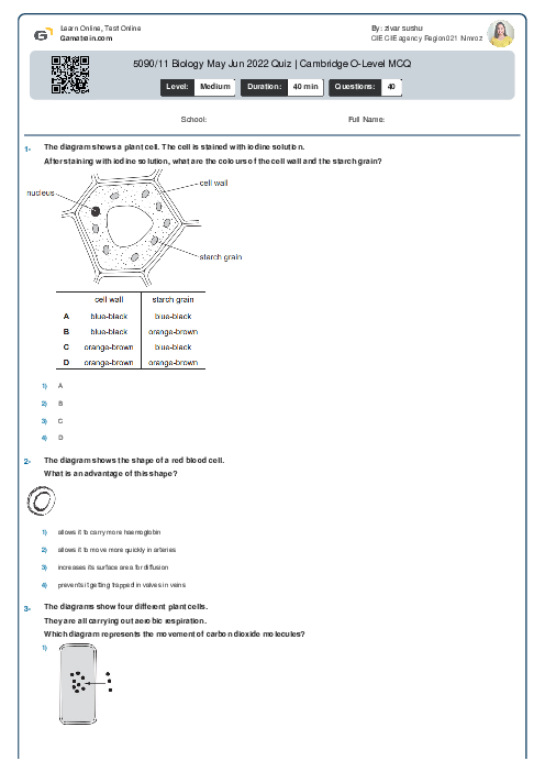 5090/11 Biology May Jun 2022 Quiz | Cambridge O-Level MCQ