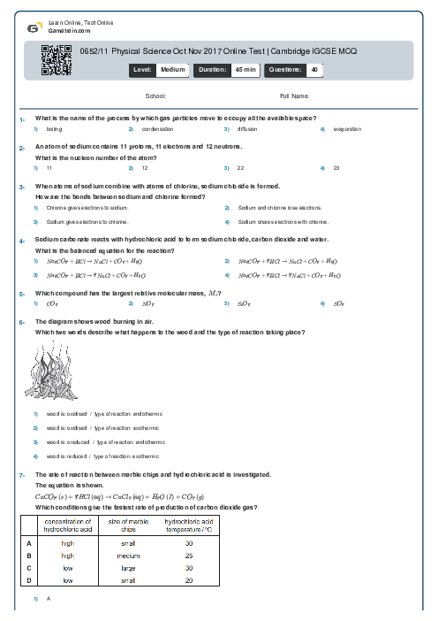 0652/11 Physical Science Oct Nov 2017 Online Test | Cambridge IGCSE MCQ