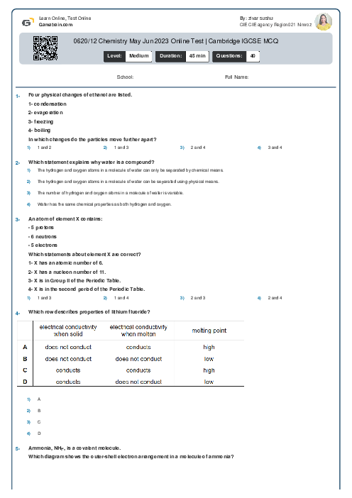 0620/12 Chemistry May Jun 2023 Online Test | Cambridge IGCSE MCQ
