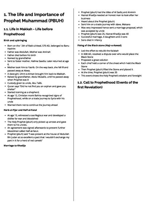  Islamiyat (0493) The life and Importance of Prophet Muhammad (PBUH) Revision Note