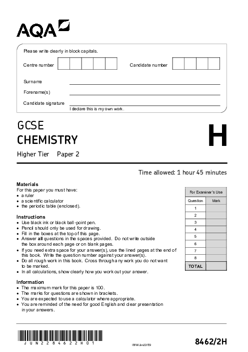 Chemistry 8462/2H June 2022