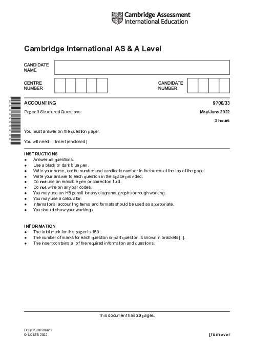 Accounting 9706/31 May June 2022 | Cambridge AS Level Past Papers With Mark Scheme