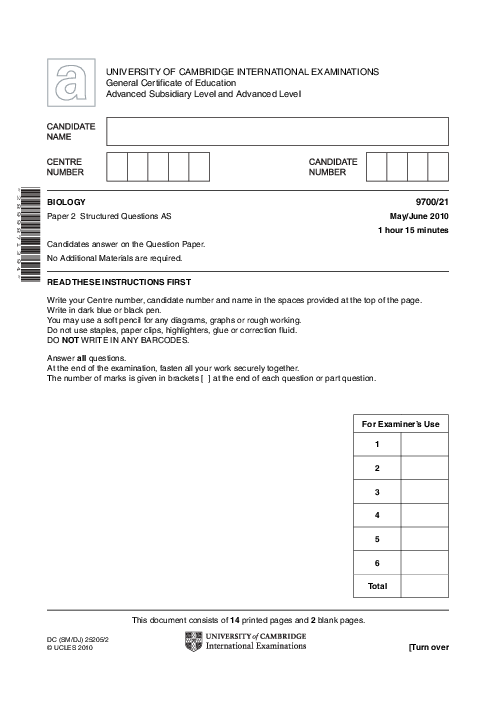 Paper 1, Variant 3, May June 2010 | Cambridge AS - A Level Biology (9700) Past Papers