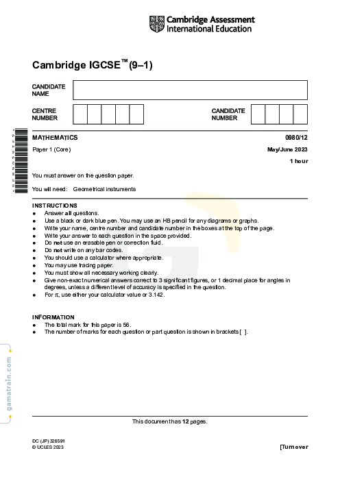 Mathematics 0980/12 May June 2023
