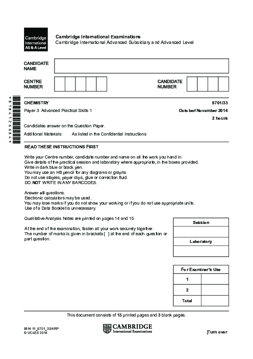 Chemistry 9701/33 Oct Nov 2014 | Cambridge AS Level Past Papers With Mark Scheme