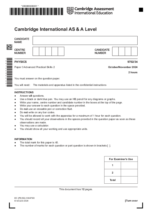 Physics 9702,34 Oct Nov 2024 | Cambridge AS - A Level Past Papers With Mark Scheme