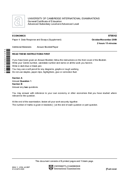 Paper 4, Variant 2, Oct Nov 2009 | Cambridge AS - A Level Economics (9708) Past Papers