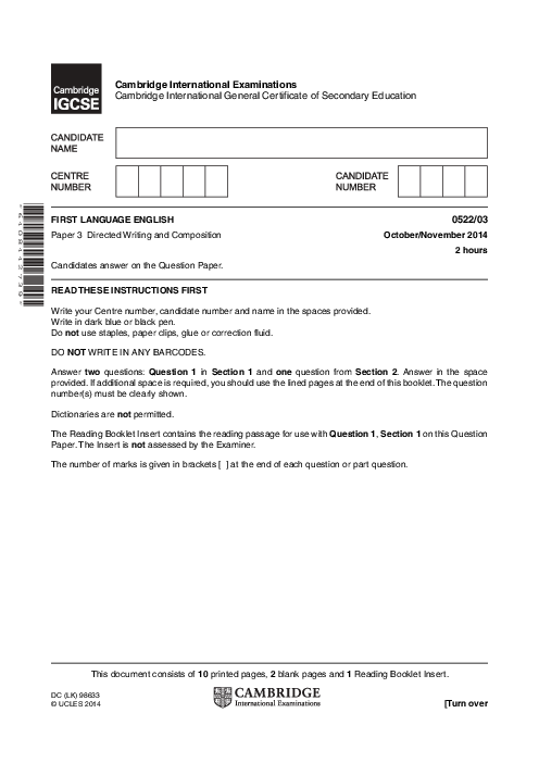 English-First Language (UK) 0522/03 Oct Nov 2014