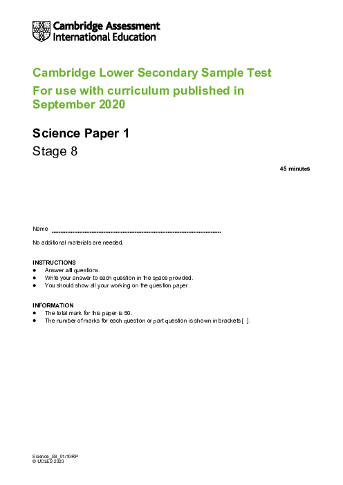 Cambridge Progression Test Stage 8 Science 2020 Paper 1