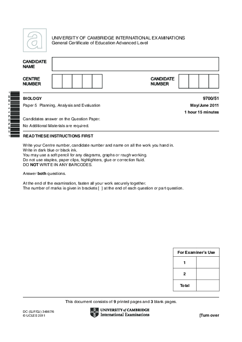 Paper 5, Variant 2, May June 2011 | Cambridge AS - A Level Biology (9700) Past Papers