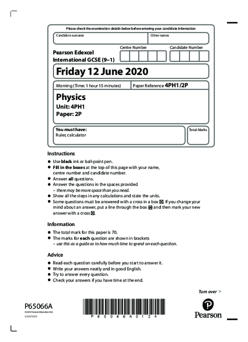 Physics 4PH1/2P May June  2020 | Edexcel  IGCSE Past Papers With Mark Scheme