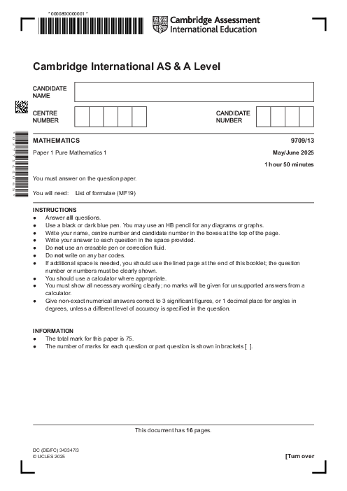 Mathematics 9709/13 May June 2025
