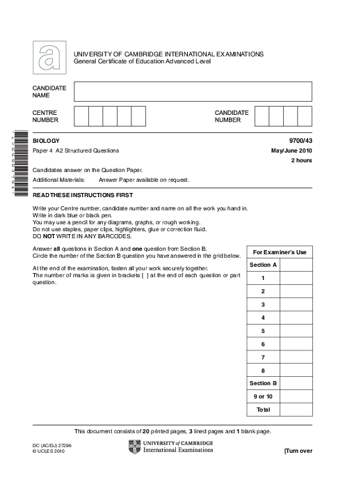 Paper 4, Variant 3, May June 2010 | Cambridge AS - A Level Biology (9700) Past Papers