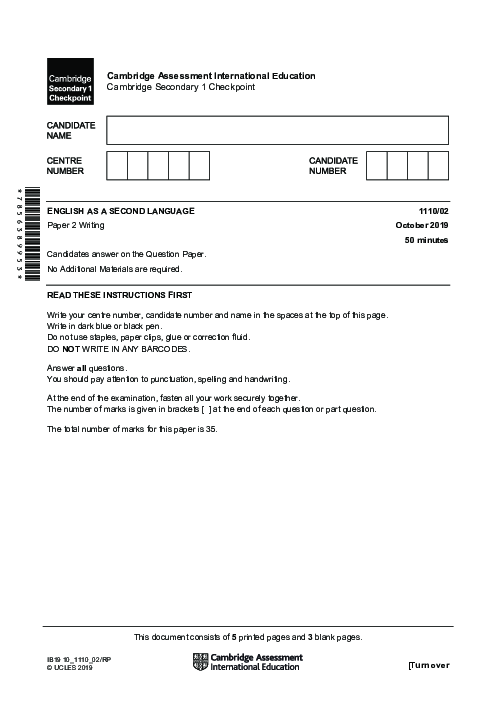 ENGLISH AS A SECOND LANGUAGE 1110,02 October 2019 | Cambridge Lower secondary Checkpoint Past Papers with Mark Schemes