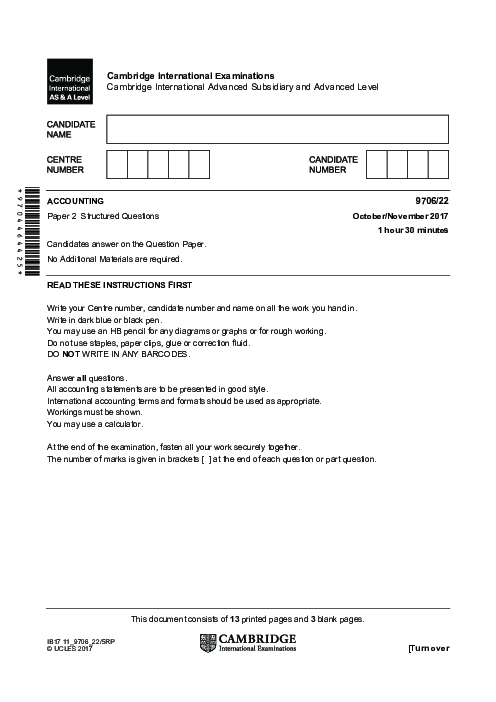 Paper 2, Variant 3, Oct Nov 2017 | Cambridge AS and A Level Accounting (9706) Past Papers