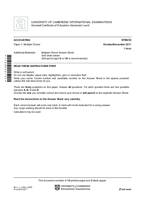 Accounting 9706/33 Oct Nov 2011 | Cambridge AS Level Past Papers With Mark Scheme