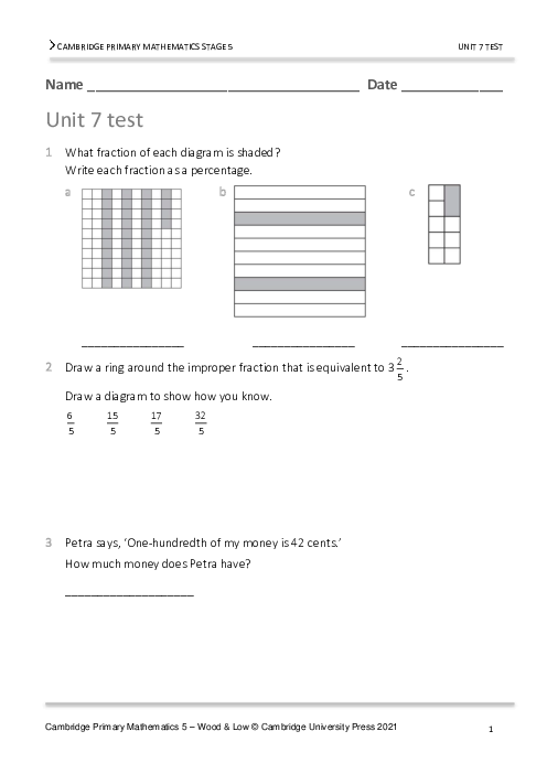 Year 5 Mathematics End of Unit 7 Test - Answers Included