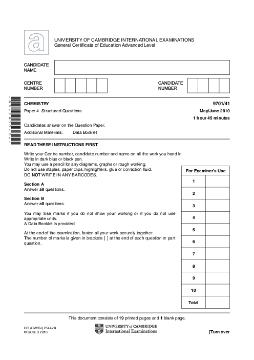 Chemistry 9701/41 May June 2010 | Cambridge AS Level Past Papers With Mark Scheme