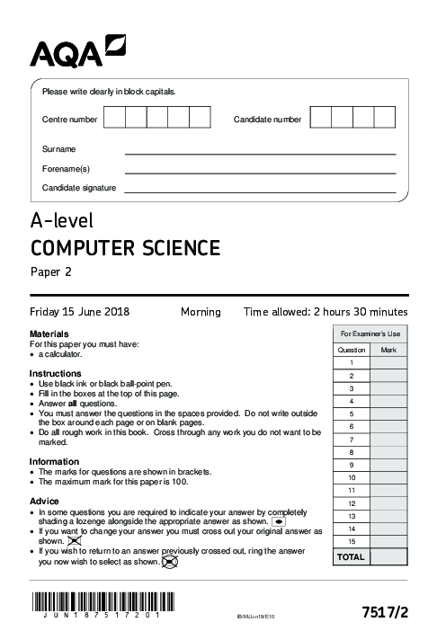 Computer Science 7517/2 June 2018
