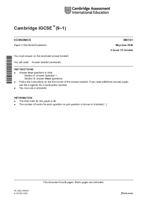 Paper 1, Variant 2, May June 2020 | Cambridge 9–1 GCSE  Economics (0987) Past Papers