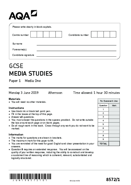 Media Studies 8572/1 June 2019