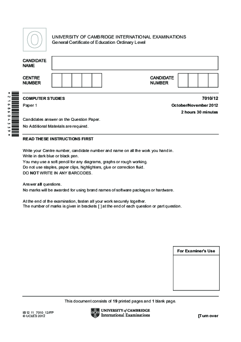  Computer Studies 7010/32 May June 2012 | Cambridge O-Level Past Papers With Mark Scheme