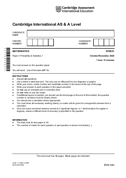 Mathematics 9709/51 Oct Nov 2020 | Cambridge AS & A Level Past Papers With Mark Scheme