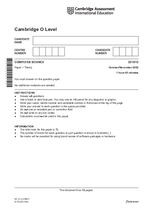  Computer Science 2210/22 May June 2022 | Cambridge O-Level Past Papers With Mark Scheme