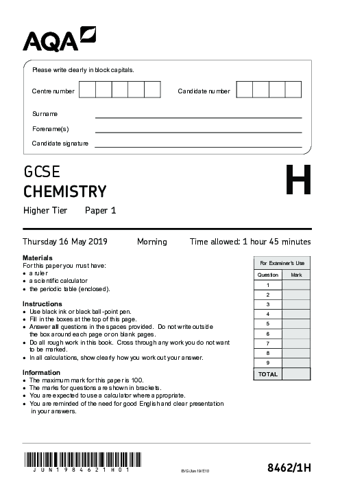 Chemistry 8462/1H June 2019