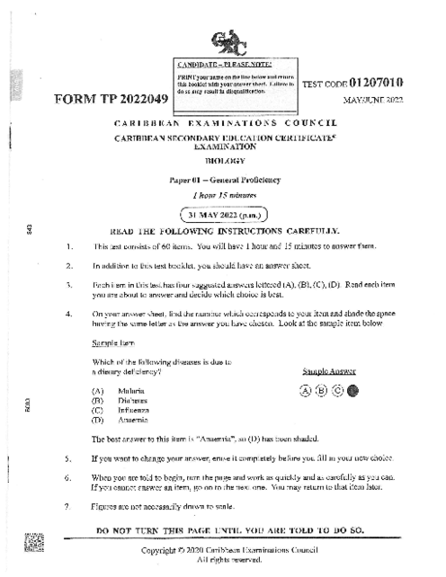 Biology June 2022 Paper 1