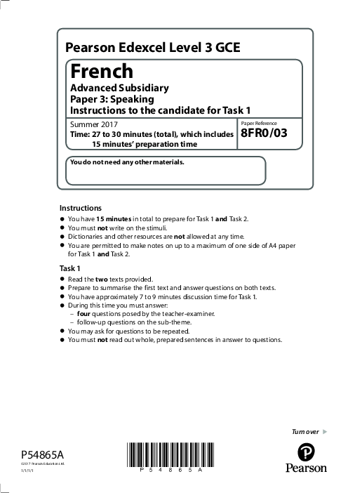  French  8FR0/03 June  2017 | Edexcel  AS Level Past Papers With Mark Scheme