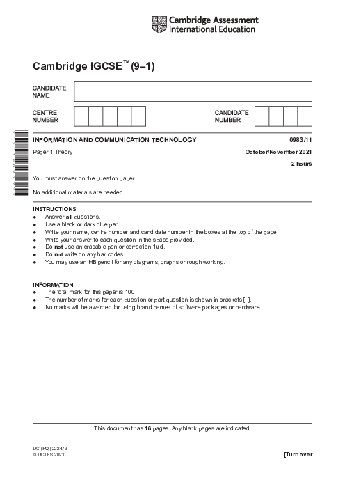  Information and Communication Technology 0983/11 Oct Nov 2021 | Cambridge 9–1 IGCSE Past Papers With Mark Scheme