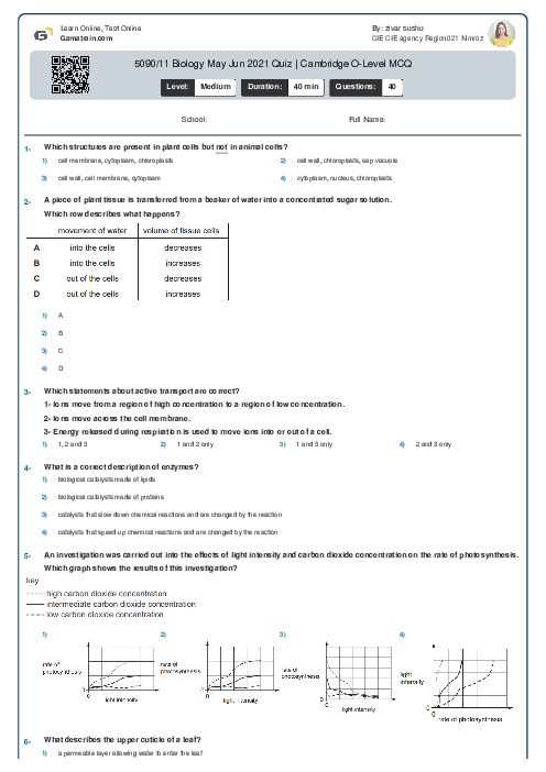 5090/11 Biology May Jun 2021 Quiz | Cambridge O-Level MCQ