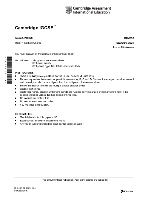 Accounting 0452/12 May June 2025