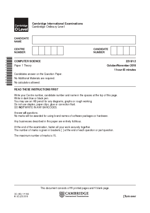  Computer Science 2210/22 May June 2018 | Cambridge O-Level Past Papers With Mark Scheme