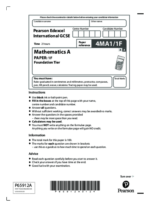 Mathematics (A) 4MA1/1F May Jun  2021 | Edexcel IGCSE Past Papers With Mark Scheme