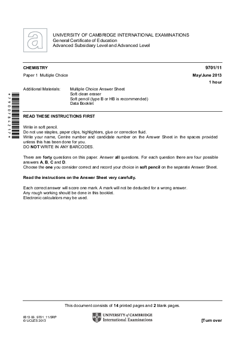 Chemistry 9701/11 May June 2013 | Cambridge AS Level Past Papers With Mark Scheme