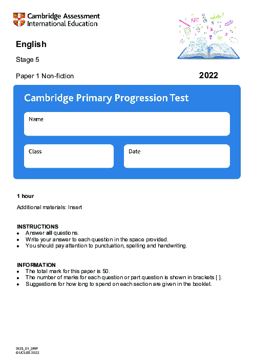 Cambridge Progression Test Stage 5 English 2022 Paper 1